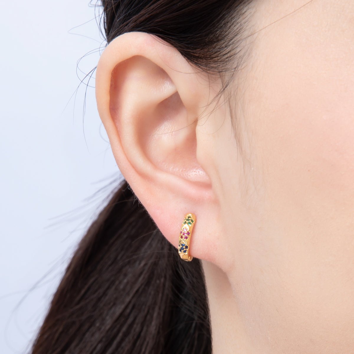18K Gold Filled 13mm Multicolor Micro Paved CZ Flower Huggie Earrings