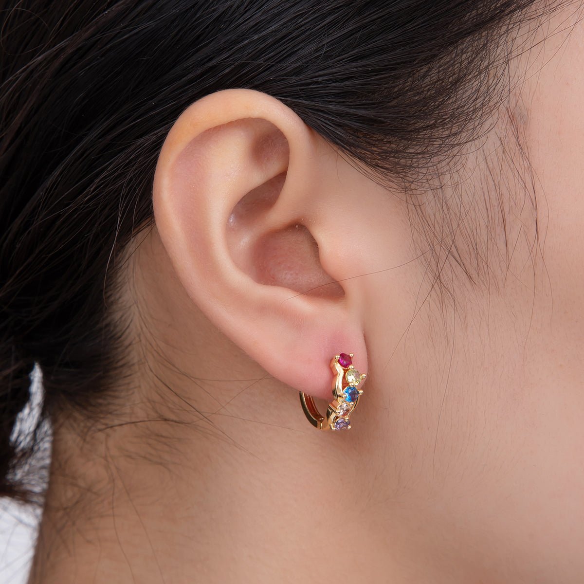 18K Gold Filled Multicolor CZ Cluster 15mm Huggie Earrings