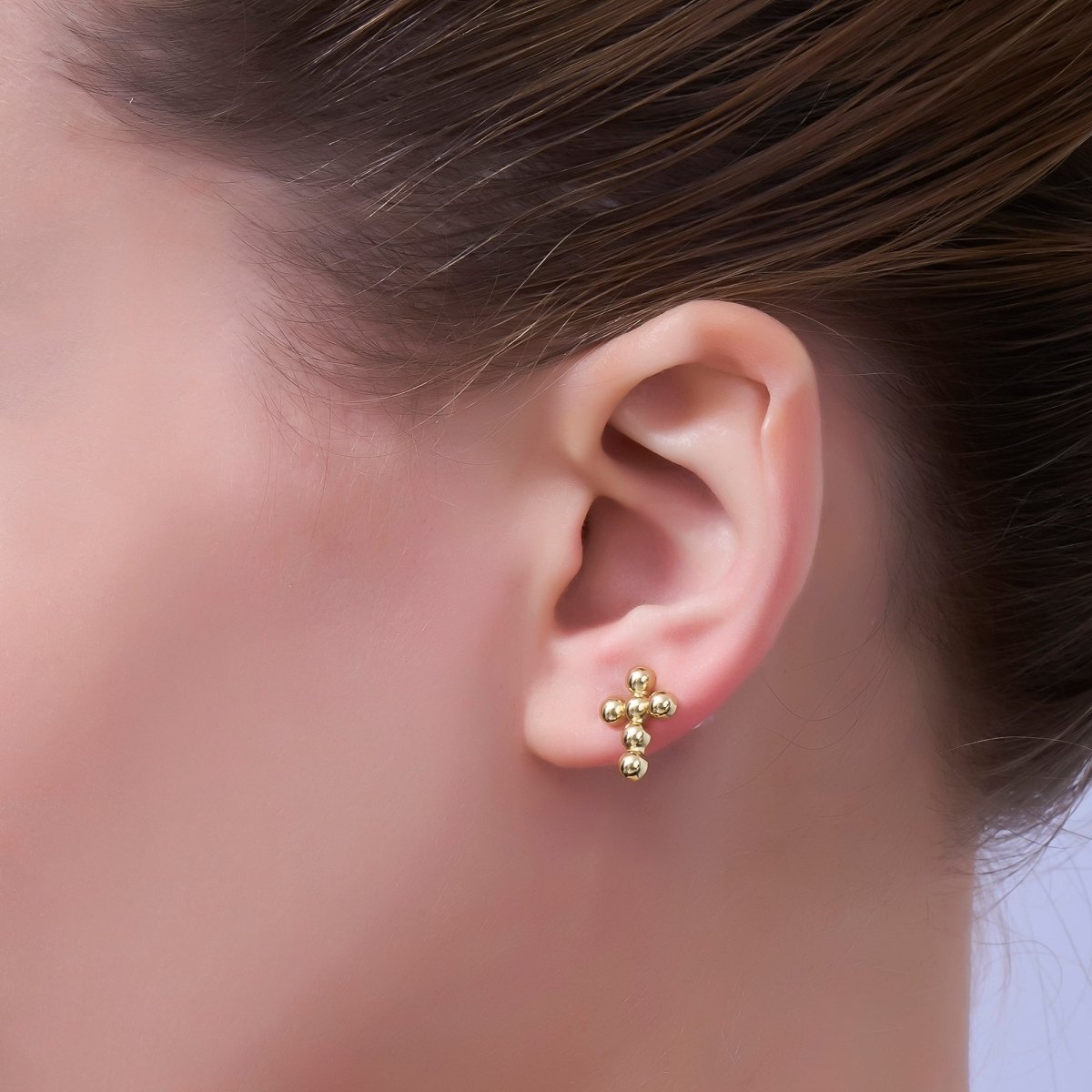24K Gold Filled Beaded Bubble Cross Stud Earrings
