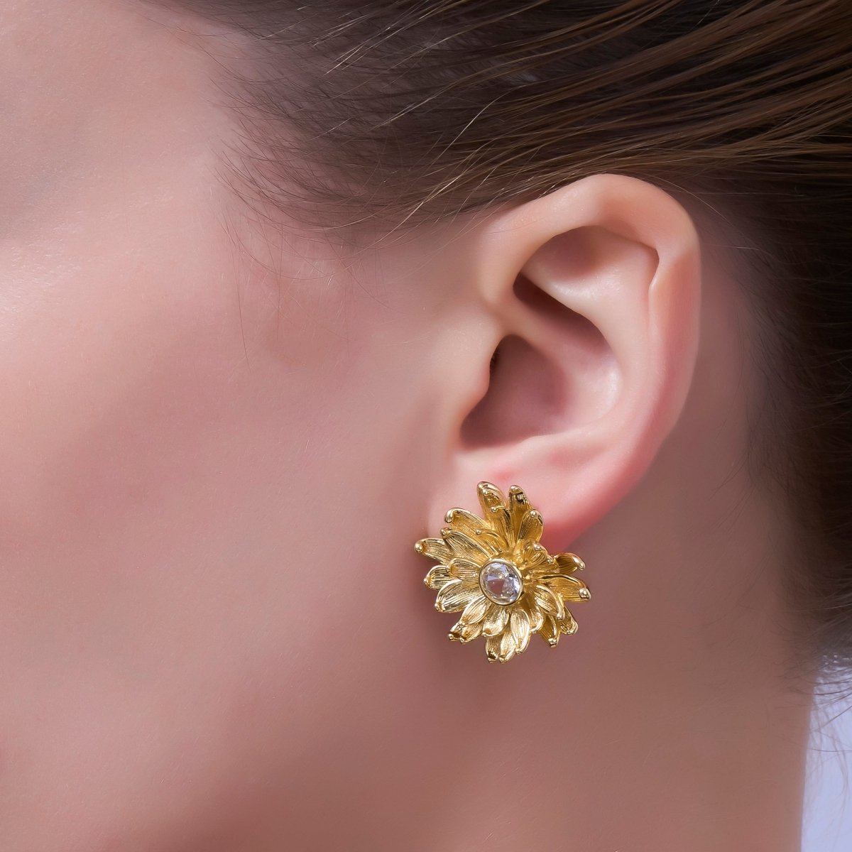 24K Gold Filled 27mm Clear Round CZ Flower Textured Stud Earrings