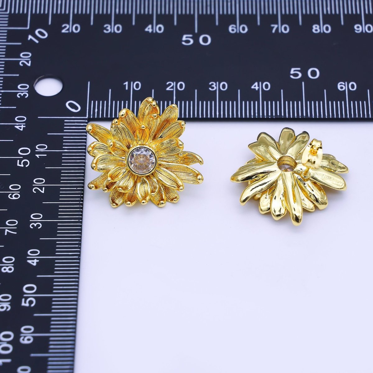 24K Gold Filled 27mm Clear Round CZ Flower Textured Stud Earrings