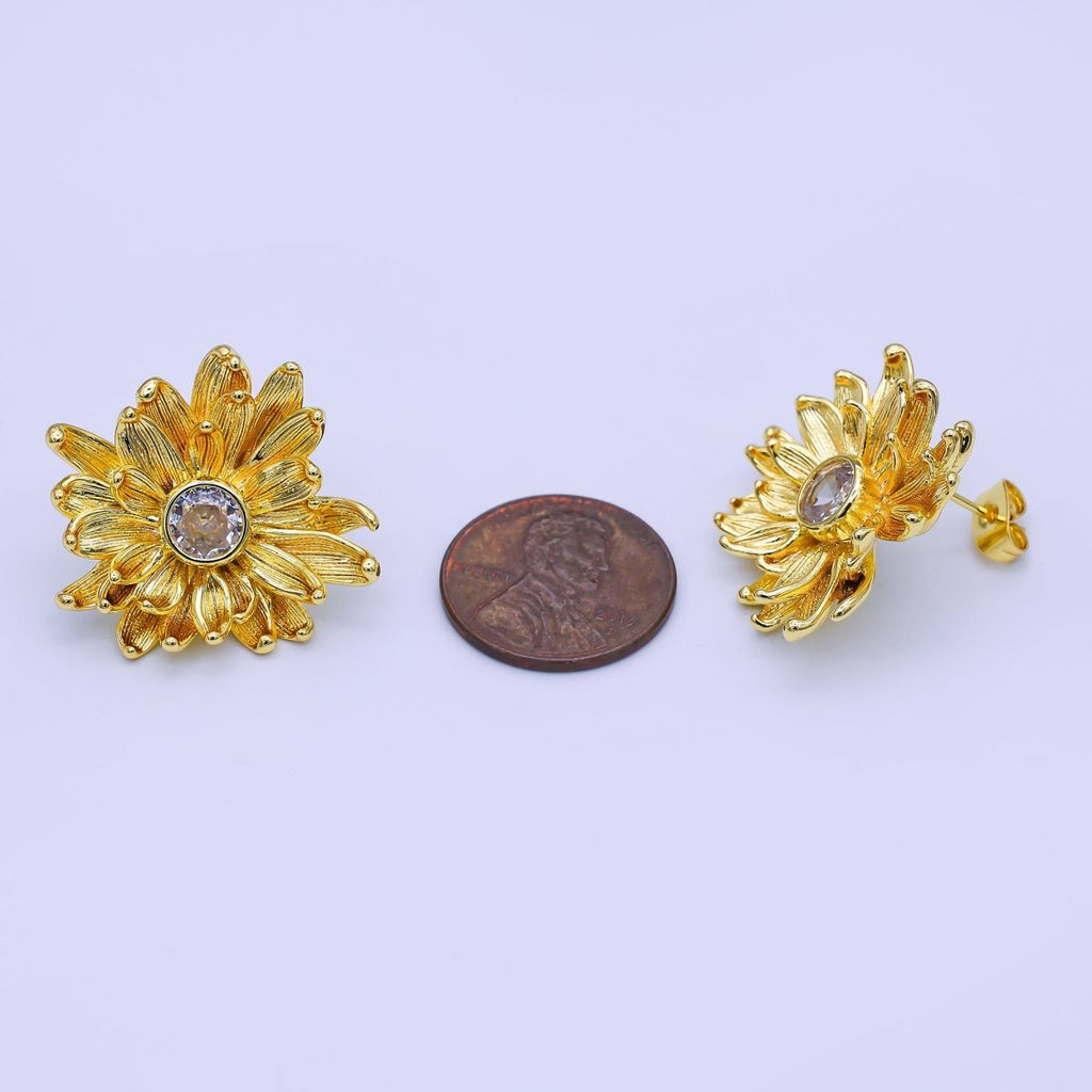 24K Gold Filled 27mm Clear Round CZ Flower Textured Stud Earrings