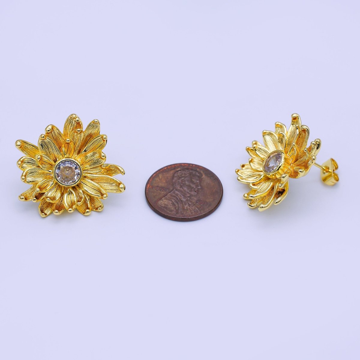 24K Gold Filled 27mm Clear Round CZ Flower Textured Stud Earrings