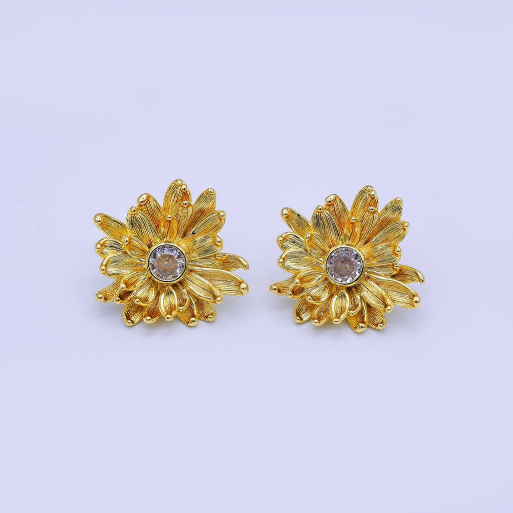 24K Gold Filled 27mm Clear Round CZ Flower Textured Stud Earrings