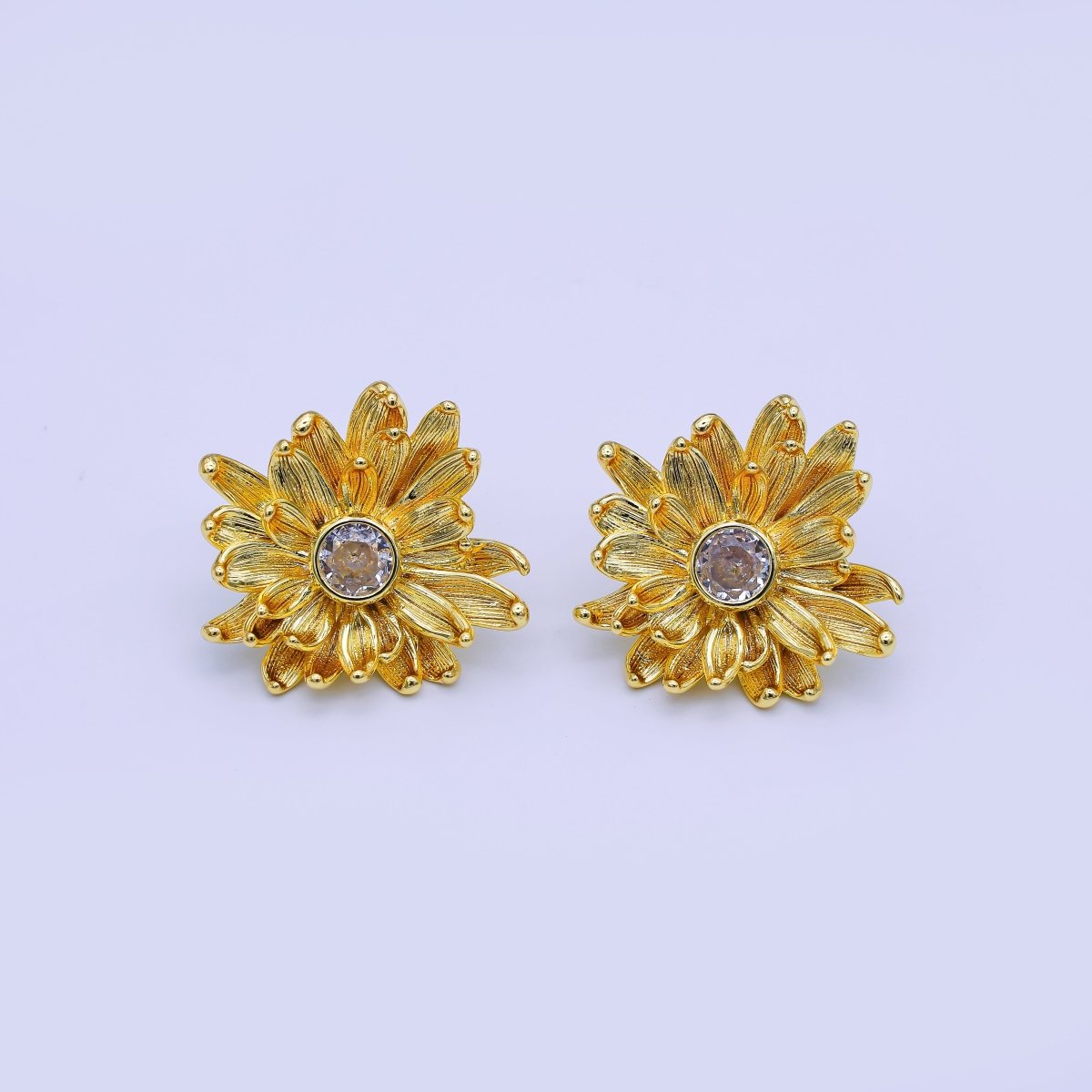 24K Gold Filled 27mm Clear Round CZ Flower Textured Stud Earrings