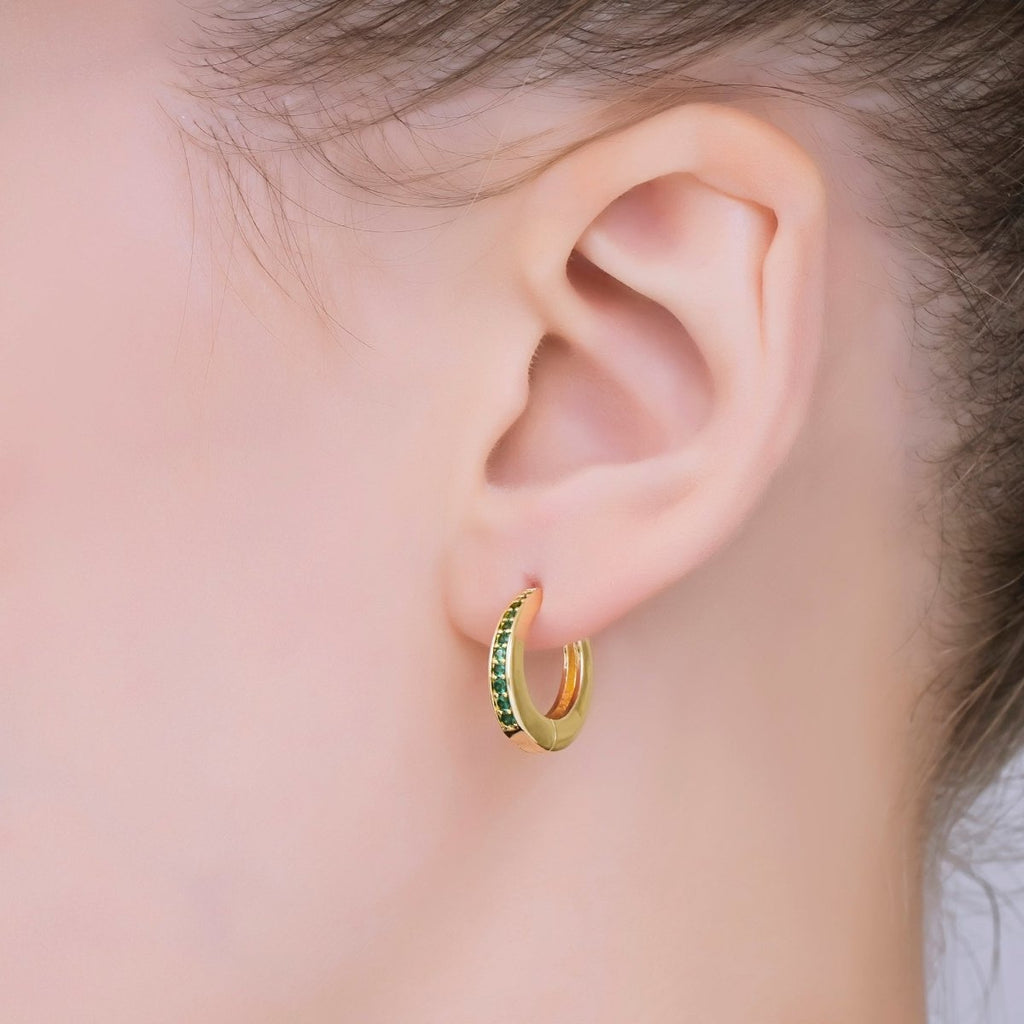 24K Gold Filled Emerald Green Micro Paved CZ Lever Back Hoops Earrings