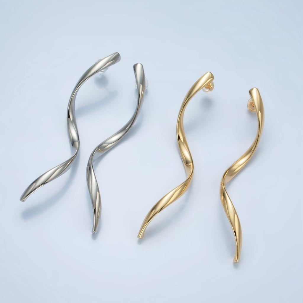 24K Gold Filled 72mm Geometric Wavy Stud Earrings in Gold & Silver