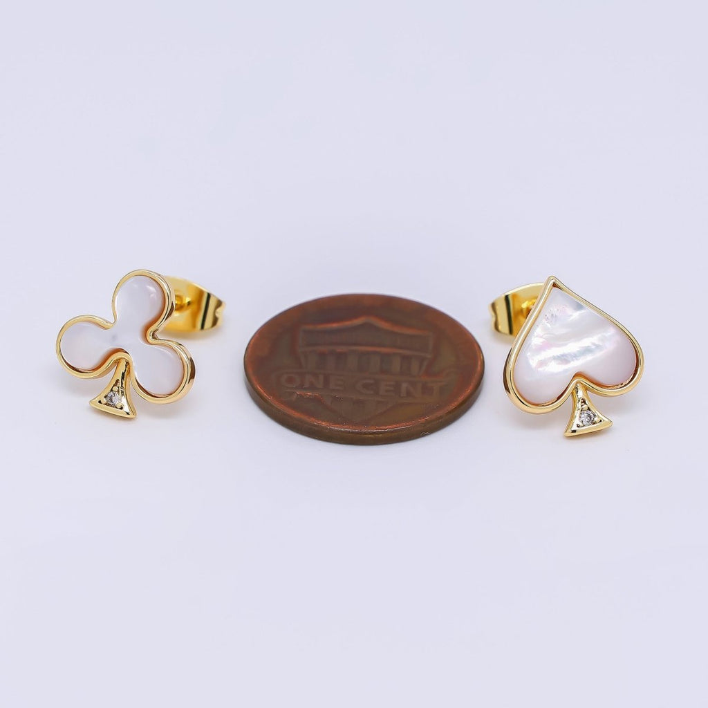 24K Gold Filled Shell Pearl Spades & Clubs Card Mis Matched Stud Earrings