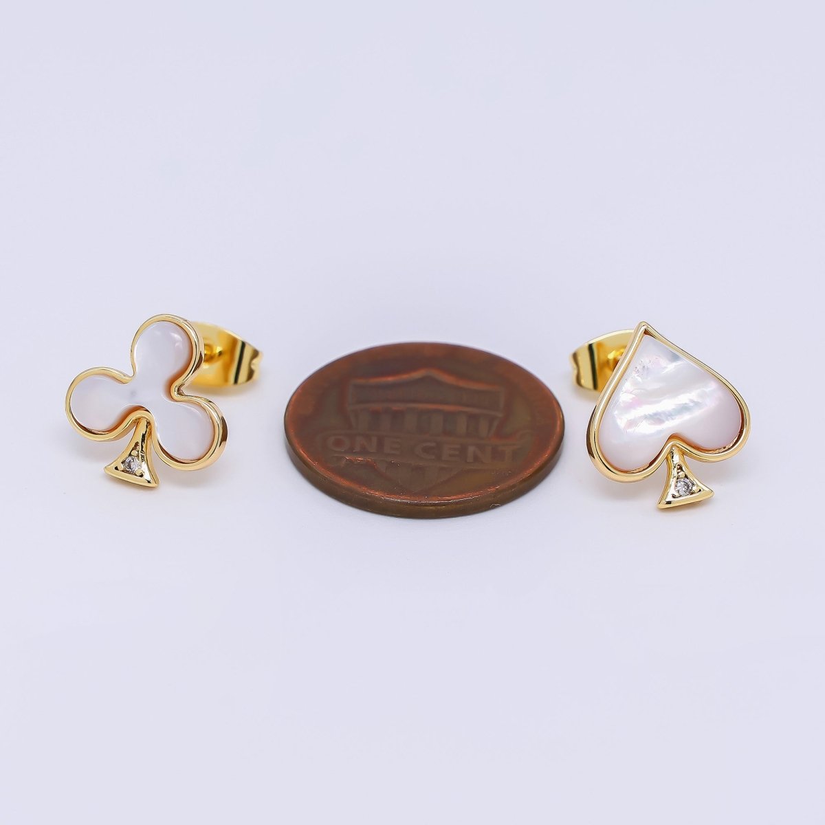24K Gold Filled Shell Pearl Spades & Clubs Card Mis Matched Stud Earrings