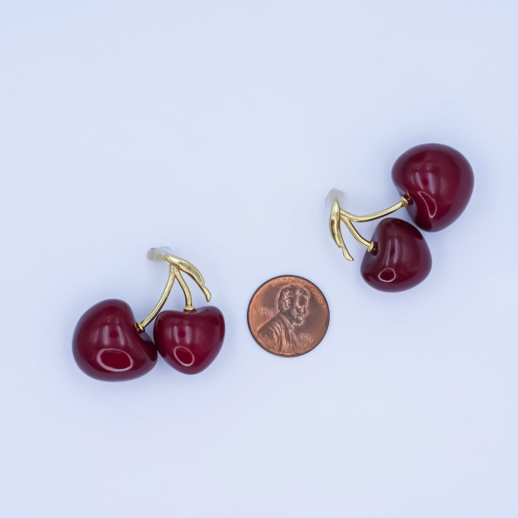 24K Gold Filled Spring Red Cherry Drop Stud Earrings