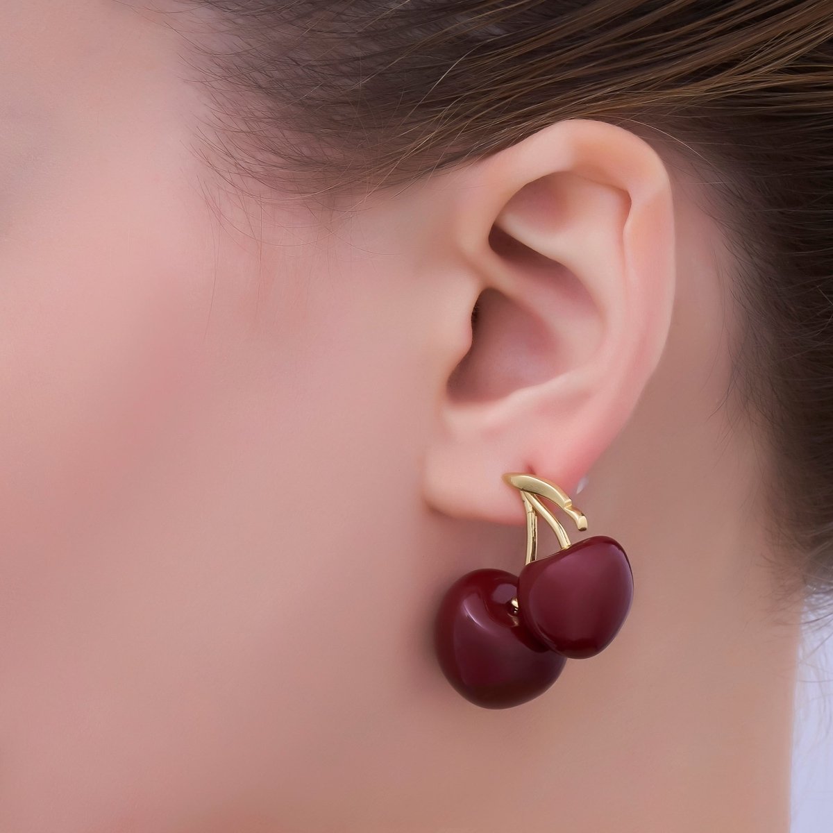 24K Gold Filled Spring Red Cherry Drop Stud Earrings