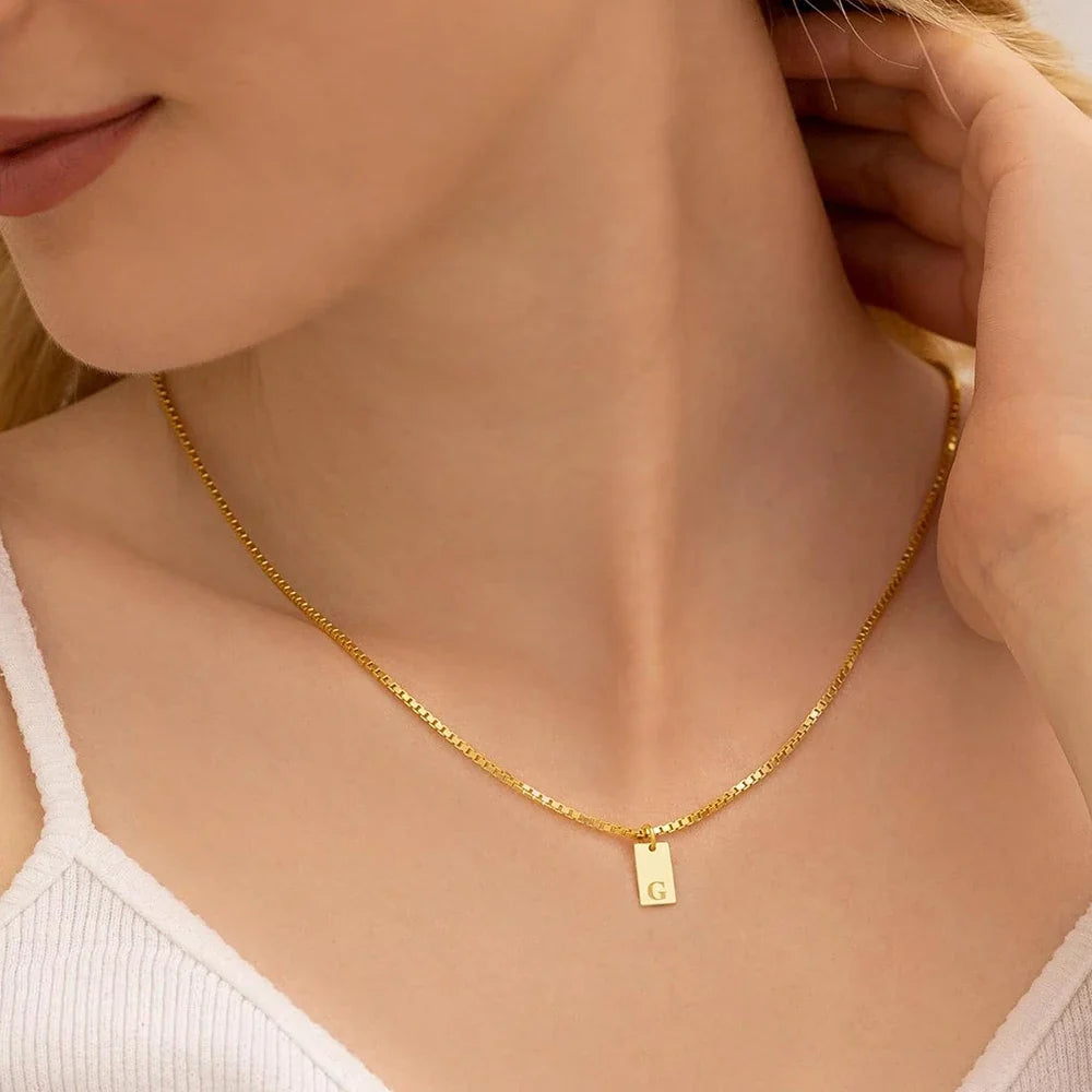 Engraved A-Z Alphabet Charm Necklace Box Chain Stainless Steel Women's Minimalism Jewelry Gift Wholesale
