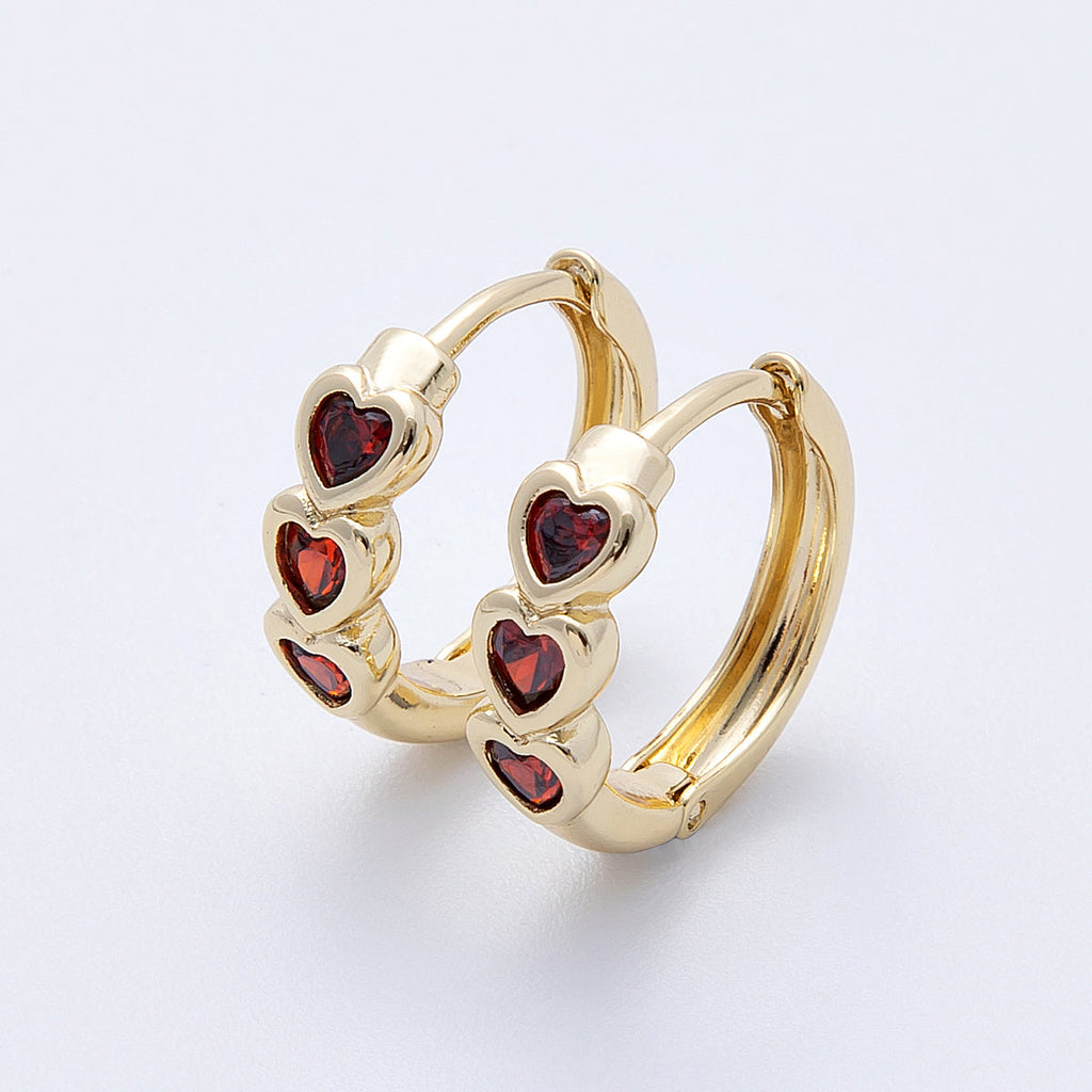 14K Gold Filled 16mm Triple Red CZ Heart Cartilage Huggie Earrings