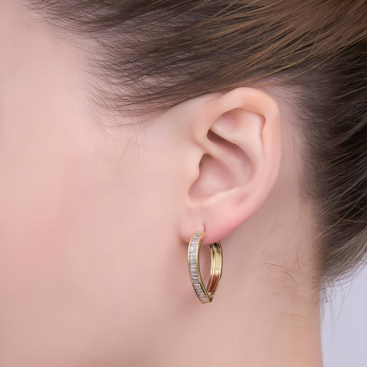 24K Gold Filled 25mm Clear CZ Baguette Navette Triangle Hoop Earrings