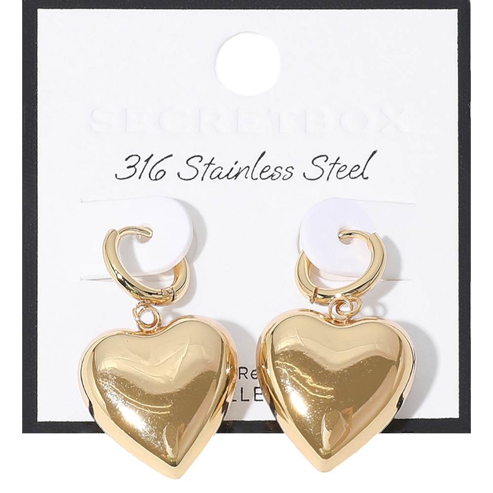 Stainless Steel Heart Dangle Huggie Hoop Earrings