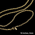 16 INCH, 3mm Stainless Steel Rope Chain Necklace