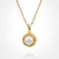 Stainless Steel CZ Stone Rim Pearl Pendant Necklace