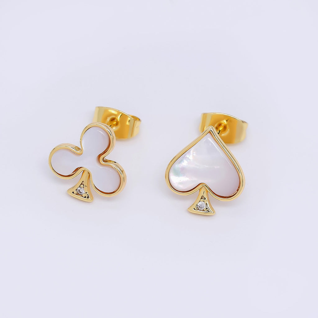 24K Gold Filled Shell Pearl Spades & Clubs Card Mis Matched Stud Earrings