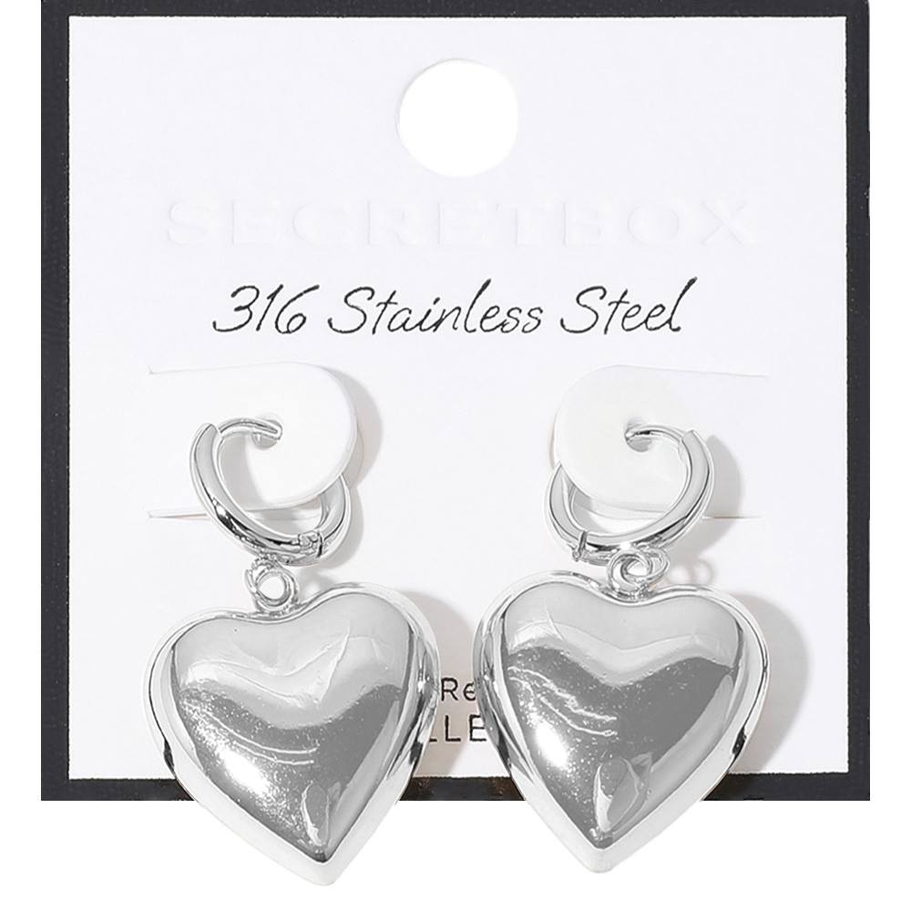 Stainless Steel Heart Dangle Huggie Hoop Earrings