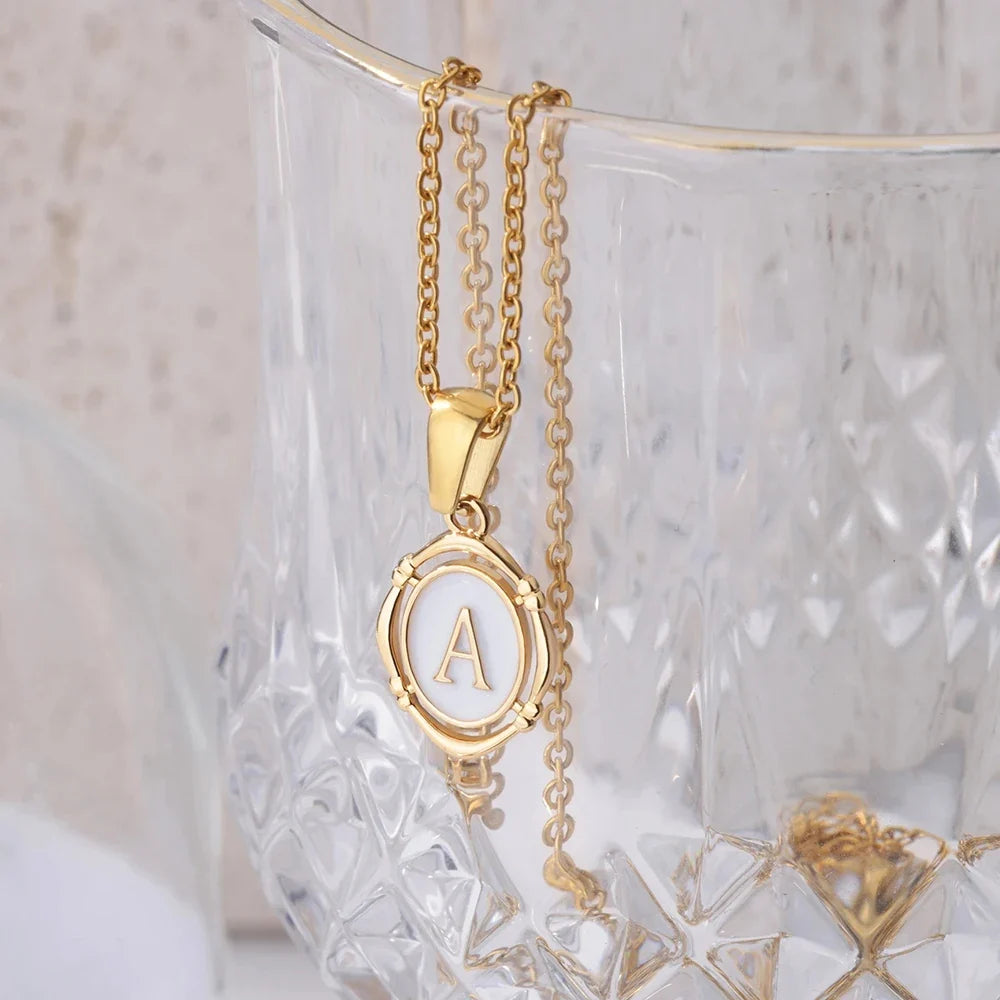 A-Z Letter Initial Enamel Necklace For Women Gold Color Stainless Steel Chain