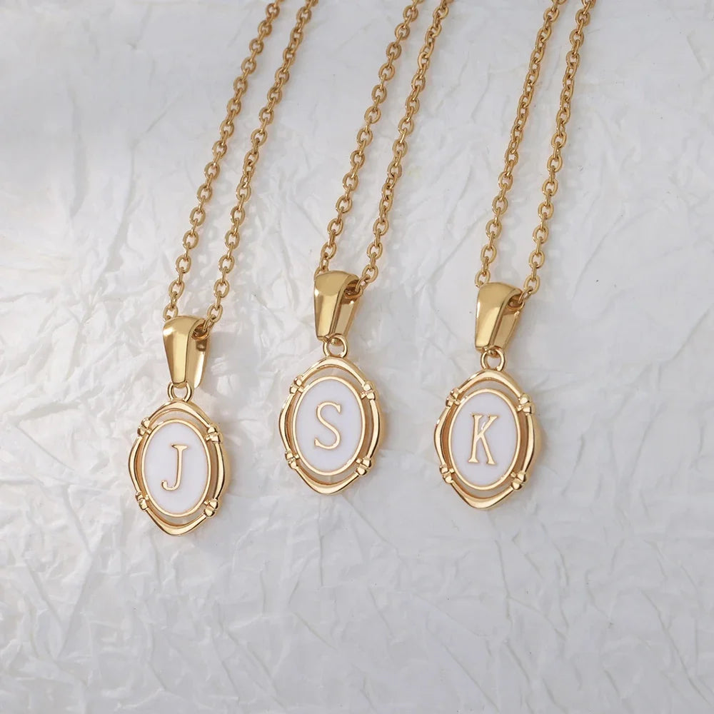 A-Z Letter Initial Enamel Necklace For Women Gold Color Stainless Steel Chain