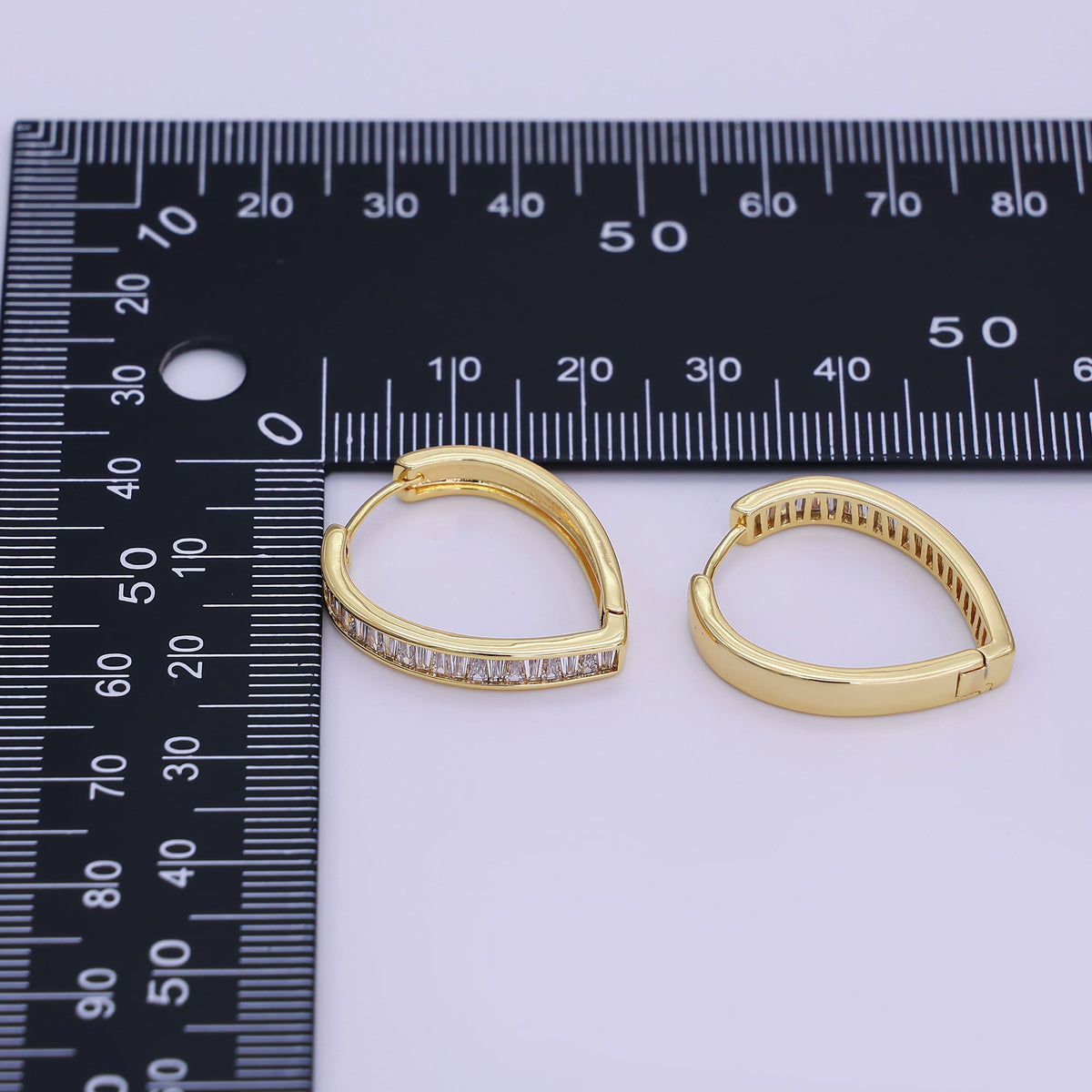 24K Gold Filled 25mm Clear CZ Baguette Navette Triangle Hoop Earrings