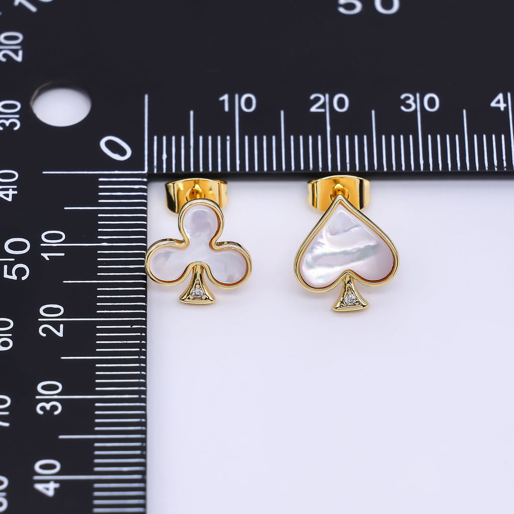 24K Gold Filled Shell Pearl Spades & Clubs Card Mis Matched Stud Earrings