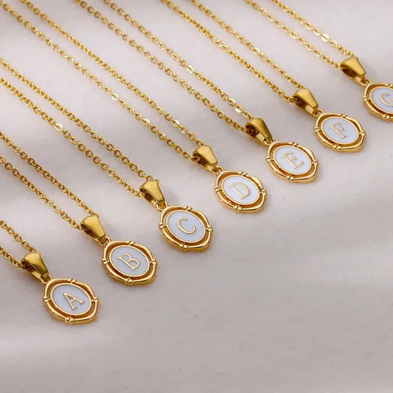 A-Z Letter Initial Enamel Necklace For Women Gold Color Stainless Steel Chain