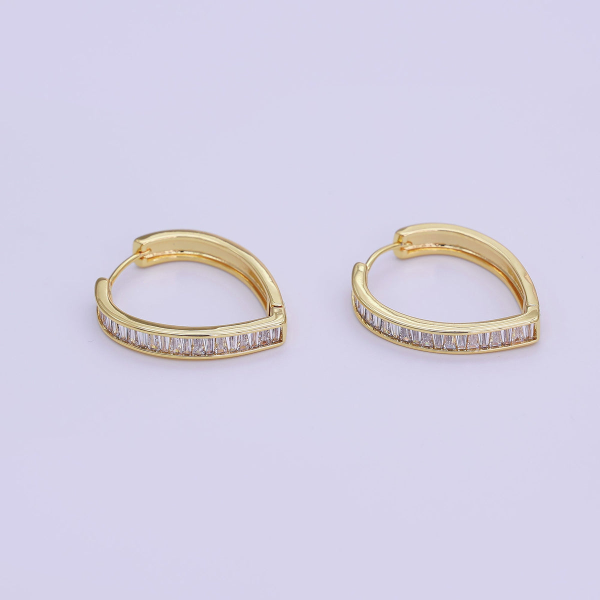 24K Gold Filled 25mm Clear CZ Baguette Navette Triangle Hoop Earrings