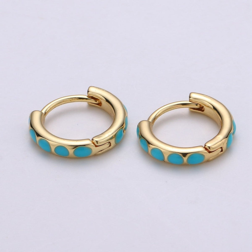 14K Gold Filled 15mm Teal Turquoise Dotted Enamel Huggie Earrings