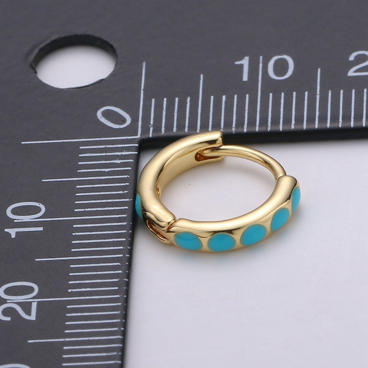 14K Gold Filled 15mm Teal Turquoise Dotted Enamel Huggie Earrings